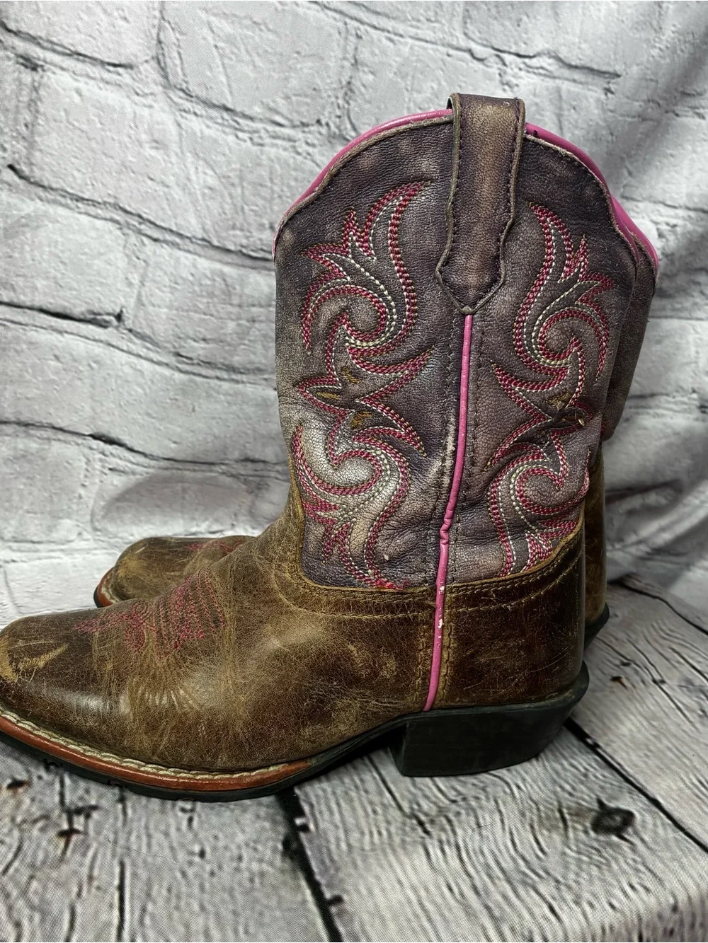 Western Distressed Brown Leather Cowgirl Purple Pink Boho Chic Boots Girls 13D